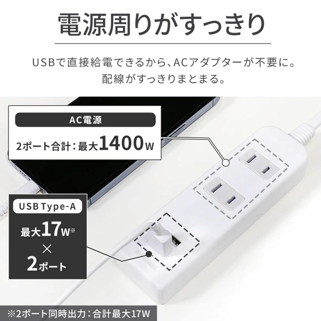アイリスオーヤマ 電源タップ usb付き 2m ポート2(USB-Ax2) AC 3