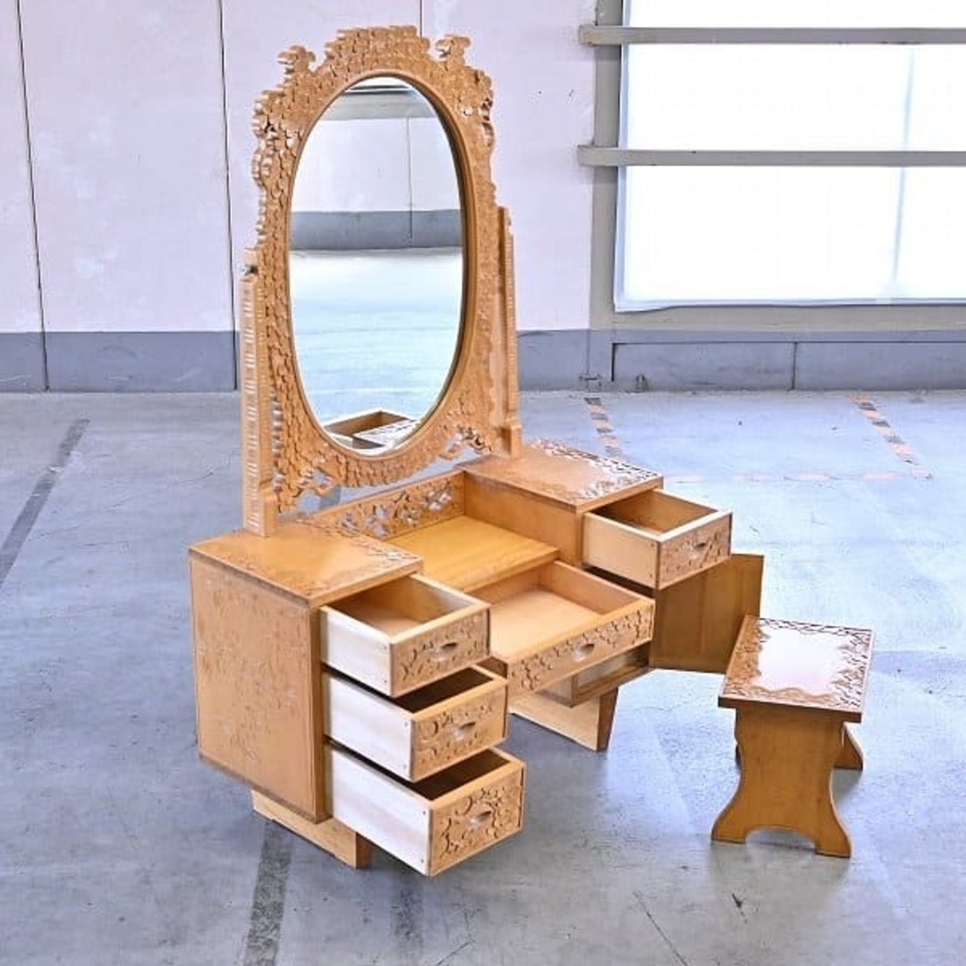 伝統工芸 軽井沢彫り ドレッサー スツールセット 化粧台 鏡 ミラー 