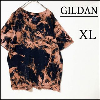 ギルタン(GILDAN)のメンズタイダイ柄ブリーチ半袖TシャツXL 古着屋　Vネック　黒　ブランド　再構築(Tシャツ/カットソー(半袖/袖なし))