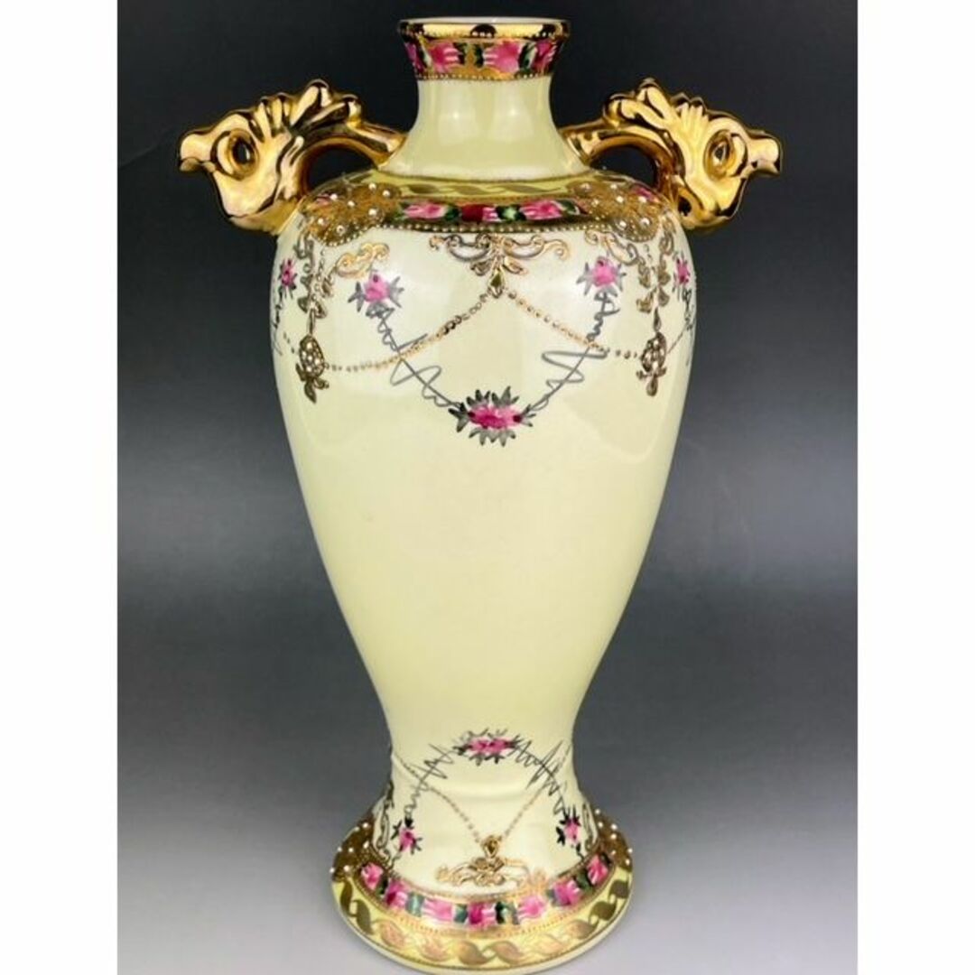 大型】オールドニッポン 里帰り 幾何文花瓶 33cm 金点盛り ダブルハンドル-
