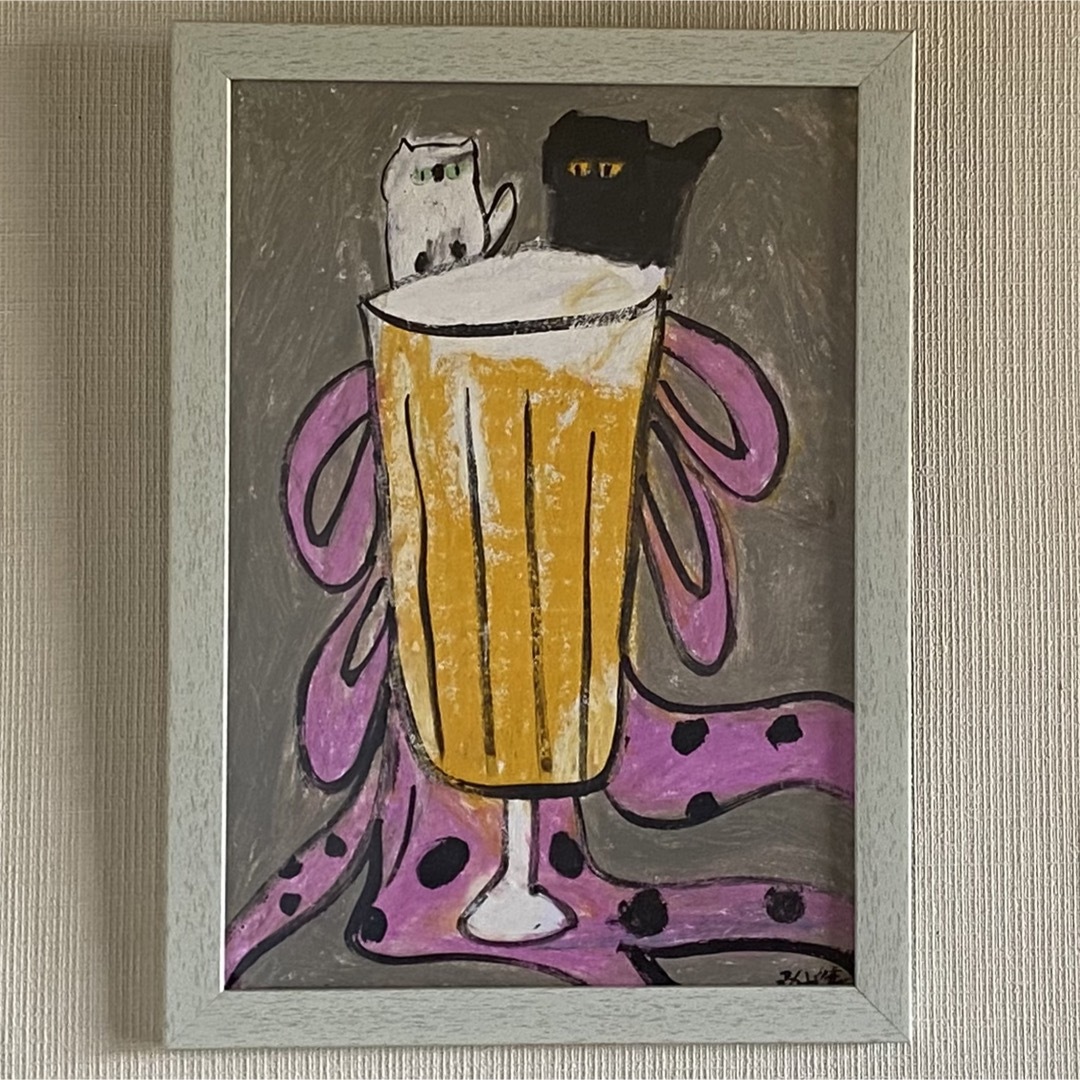 絵画。壁掛け原画【シャンパンカップの猫たち】