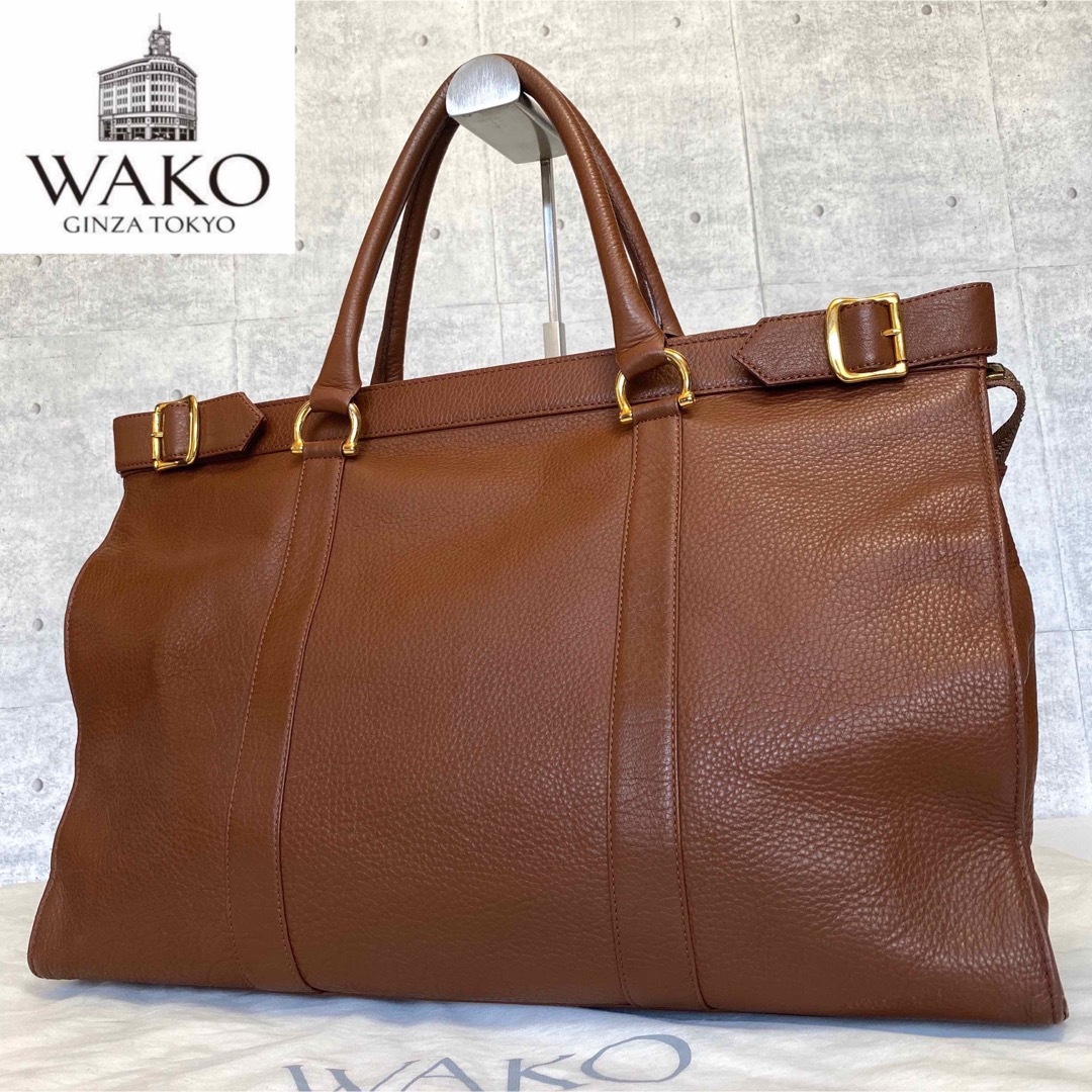 極美品】WAKO 銀座和光 シボ革 ブラウン ゴールド金具 A4ビジネスバッグ-