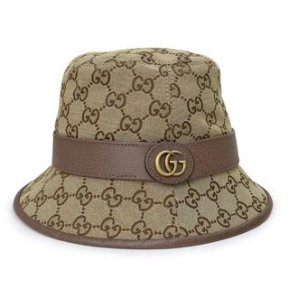 グッチ(Gucci)のグッチ ダブルG フェドラハット S 57cm 帽子 GGキャンバス レザー アンティークゴールド金具 ベージュ ブラウン 茶 576587 箱付 GUCCI（新品・未使用品）(ハット)