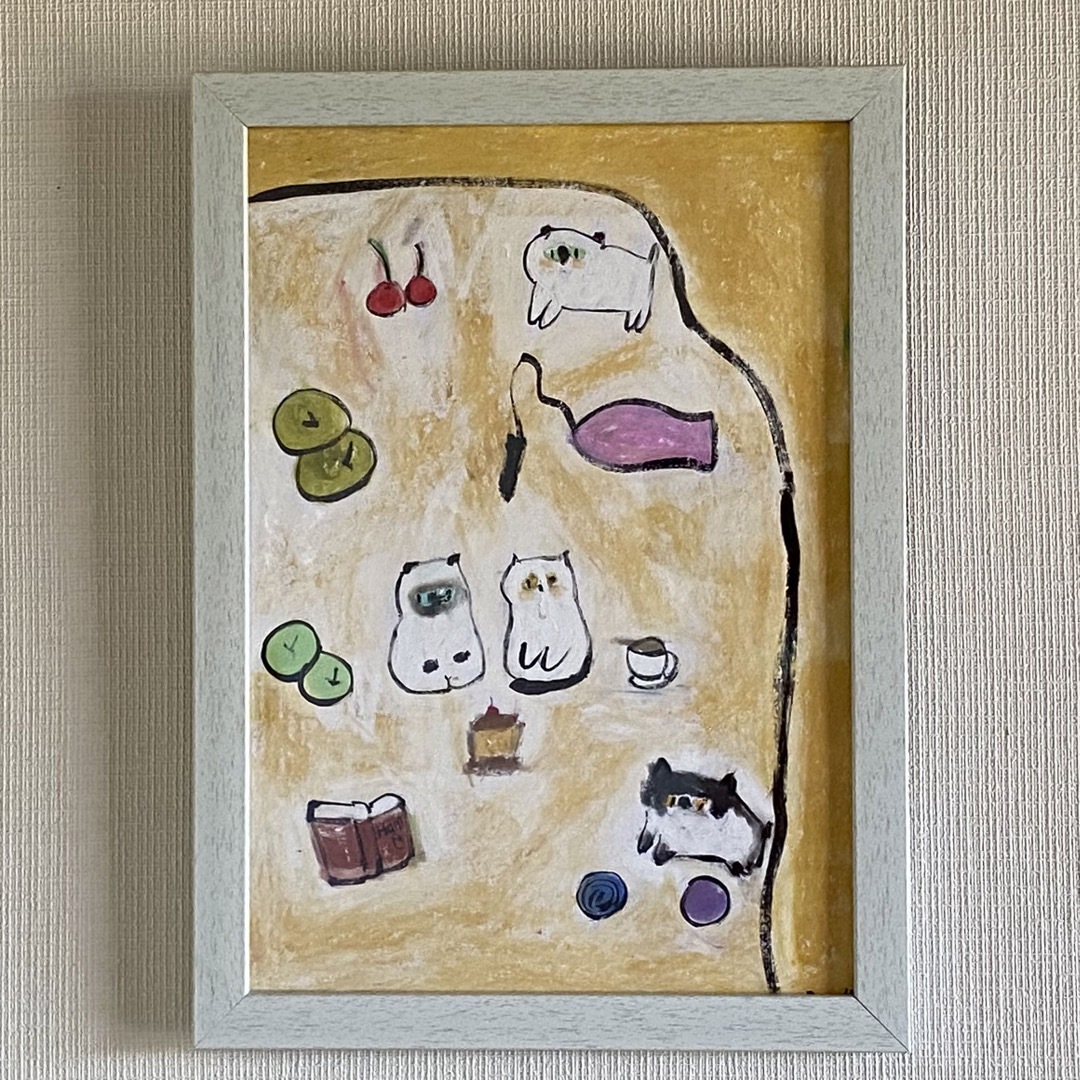 絵画。壁掛け原画【猫トーストパーティー】01