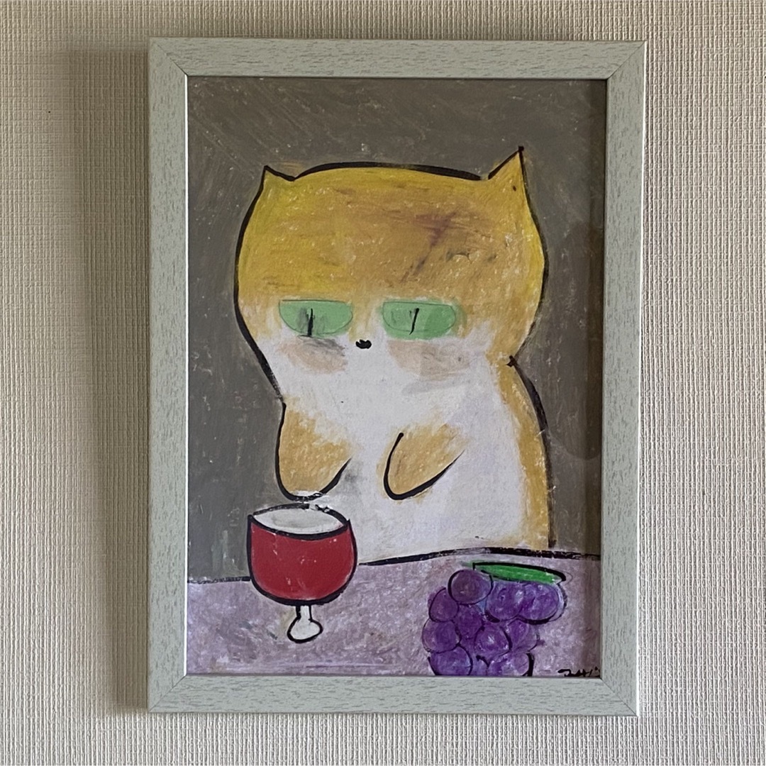 絵画。壁掛け原画【ワインが好きな猫】04