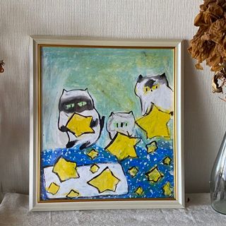 絵画 。壁掛け絵手描き【猫たちは銀河にかわいい星を入れている】の