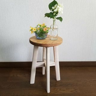 期間限定セール　ハンドメイドスツール　木製　椅子　茶　ホワイト　花台　観葉植物(スツール)