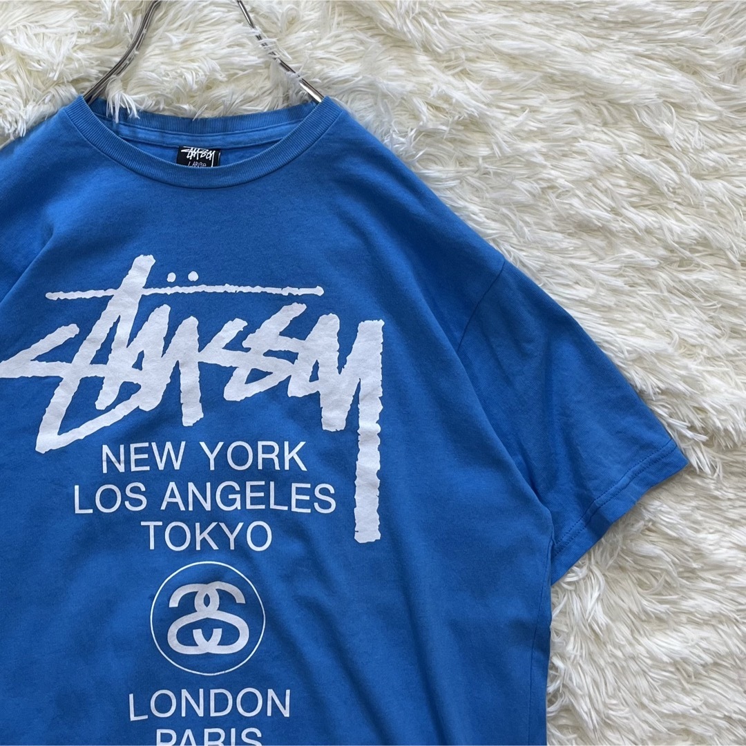 ステューシー tシャツ ワールドツアー アメリカ製 ブルー L ロゴ