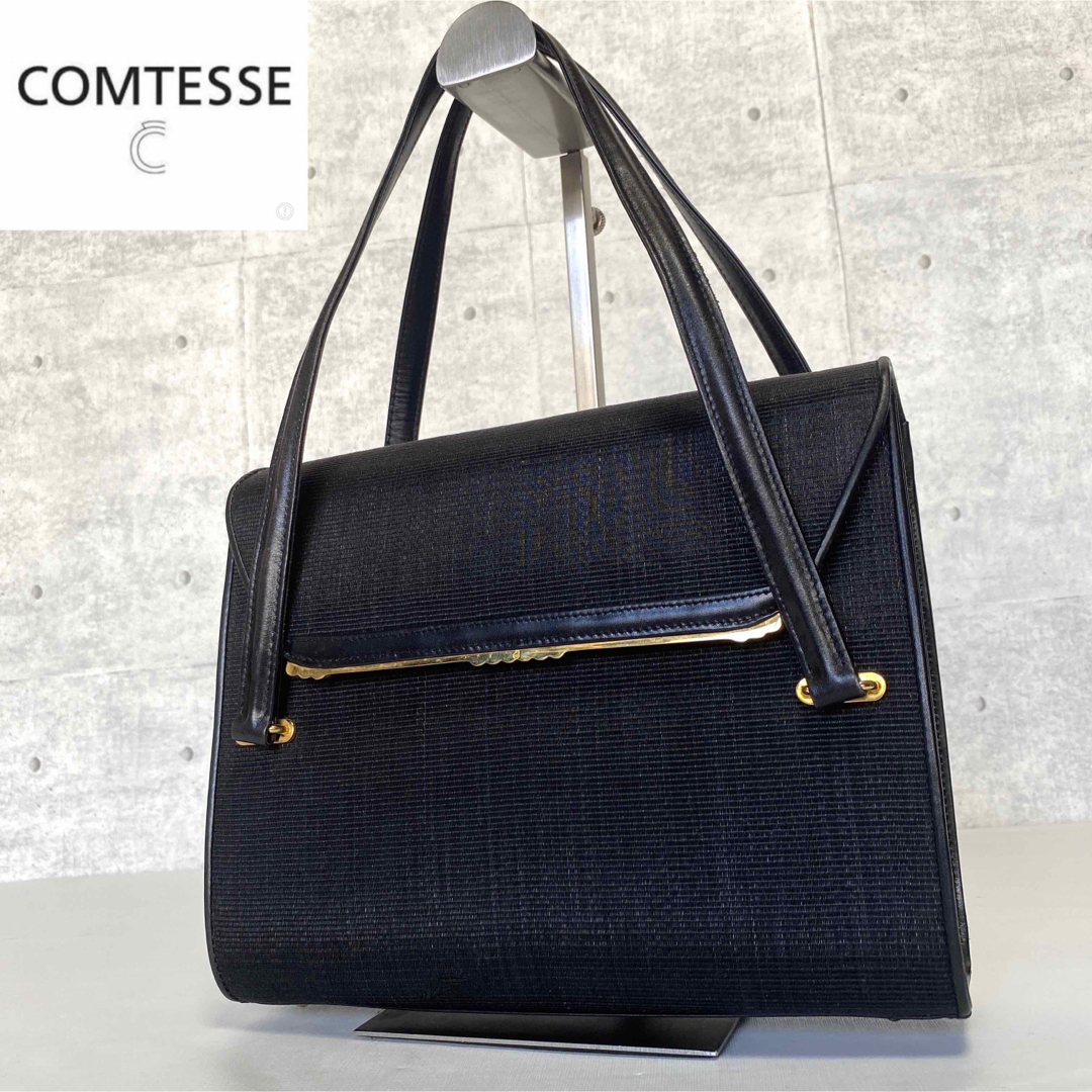 COMTESSE】BLACK ホースヘア×レザー ゴールド金具 ハンドバッグ