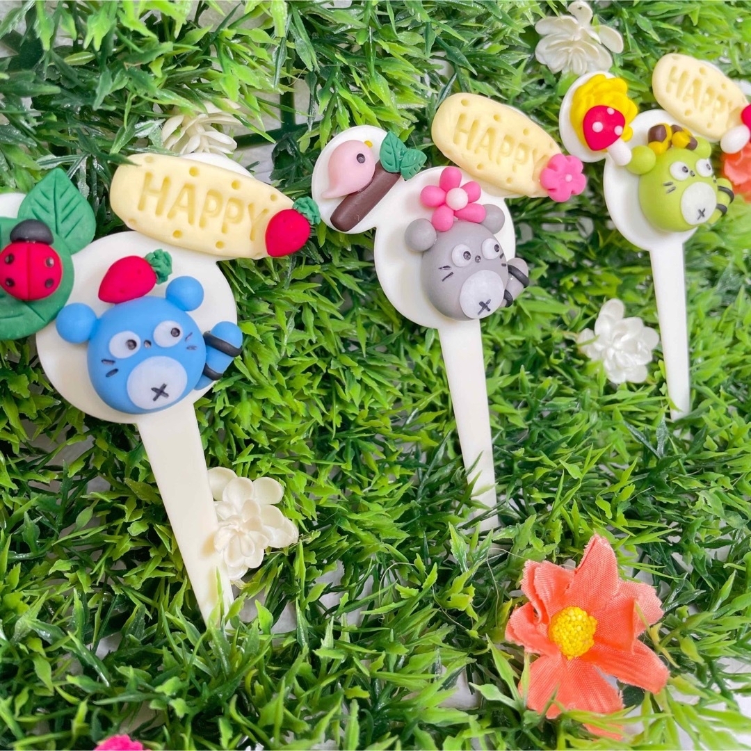 ガーデンピック ハンドメイド カラフルたぬきさんのhappyピック 多肉