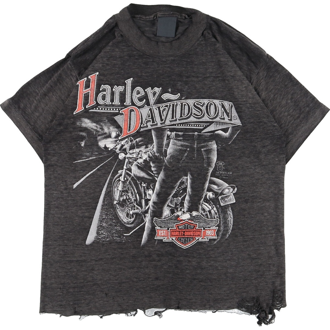 80年代 ハーレーダビッドソン Harley-Davidson 3D EMBLEM 鷲柄 イーグル柄 両面プリント カットオフ モーターサイクル バイクTシャツ メンズS /eaa359208