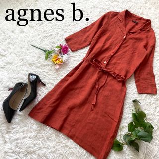 アニエスベー(agnes b.)の【美品】アニエスベー　リネンシャツワンピース　ウエストマーク　ベルト　七分丈(ひざ丈ワンピース)