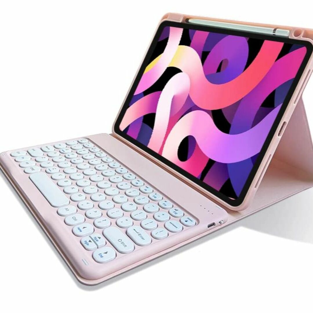 【色: 薄いピンク】iPad 10 キーボードケース 丸型キー 上側ペンシルホル 4