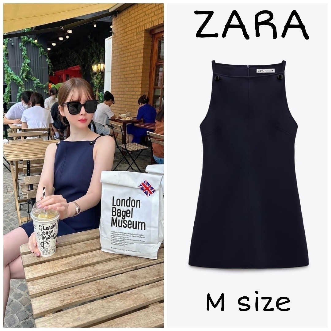 ZARA(ザラ)のZARA　ボタンアップ留め半袖ワンピース　Mサイズ　ネイビーブルー レディースのワンピース(ミニワンピース)の商品写真