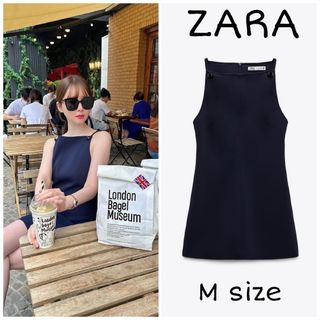 ザラ(ZARA)のZARA　ボタンアップ留め半袖ワンピース　Mサイズ　ネイビーブルー(ミニワンピース)