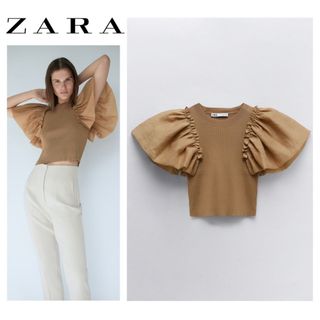 ザラ(ZARA)のZARA ニット　フリル　トップス　フリルトップス　異素材　ブラウン(カットソー(半袖/袖なし))