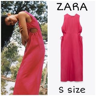 ザラ(ZARA)のZARA　カットアウトディテール入りミディ丈ワンピース　Sサイズ　フクシアピンク(ロングワンピース/マキシワンピース)