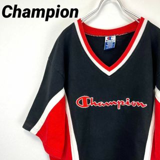 チャンピオン(Champion)のレアデザイン！チャンピオン Vネック Tシャツ M シューティングシャツ 切替(Tシャツ/カットソー(半袖/袖なし))