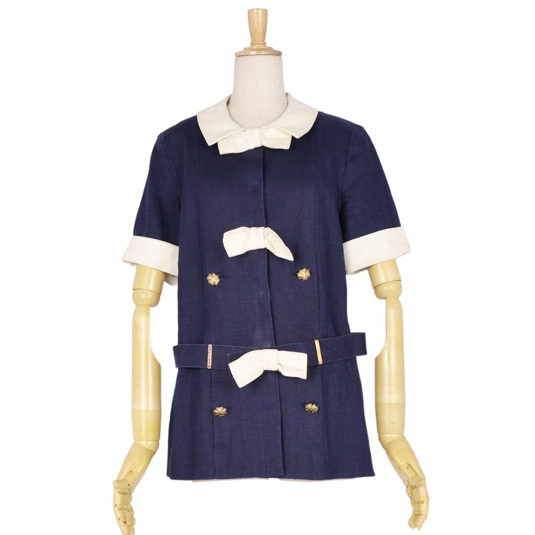 Vintage シャネル CHANEL ジャケット 半袖 ショートスリーブ リボン ベルト アウター レディース M相当(表記無し) ネイビー/ホワイト