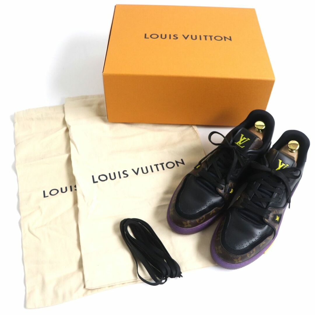 極美品▼LOUIS VUITTON ルイヴィトン LVトレイナー・ライン モノグラム/レザー スニーカー 黒×茶×パープル 8 メンズ 伊製 箱・袋・ヒモ付