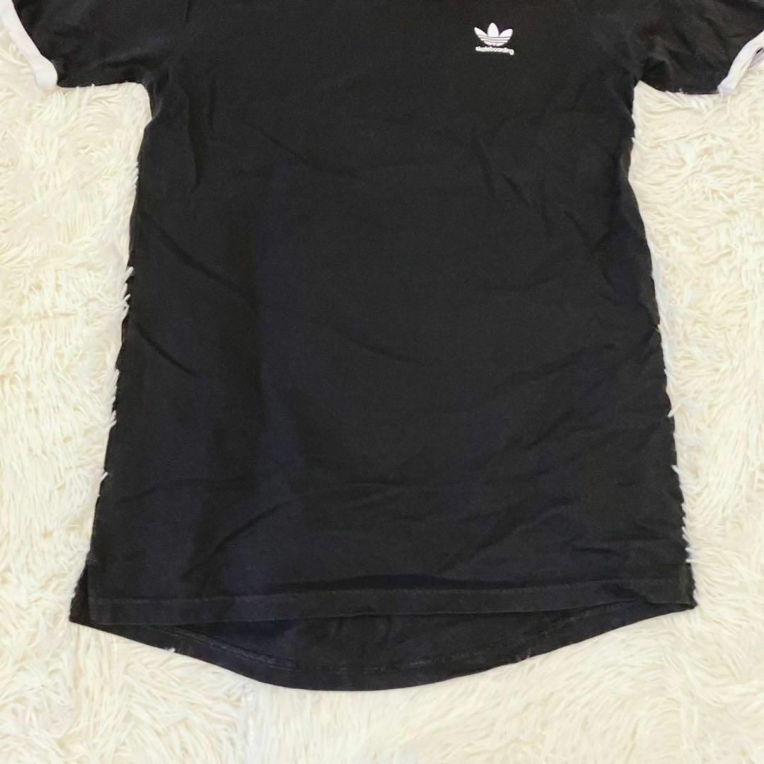 adidas(アディダス)のアディダス　トレフォイルロゴ　スリーライン　リンガーＴシャツ　黒ブラック夏物古着 メンズのトップス(Tシャツ/カットソー(半袖/袖なし))の商品写真