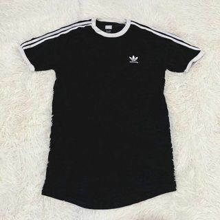 アディダス(adidas)のアディダス　トレフォイルロゴ　スリーライン　リンガーＴシャツ　黒ブラック夏物古着(Tシャツ/カットソー(半袖/袖なし))