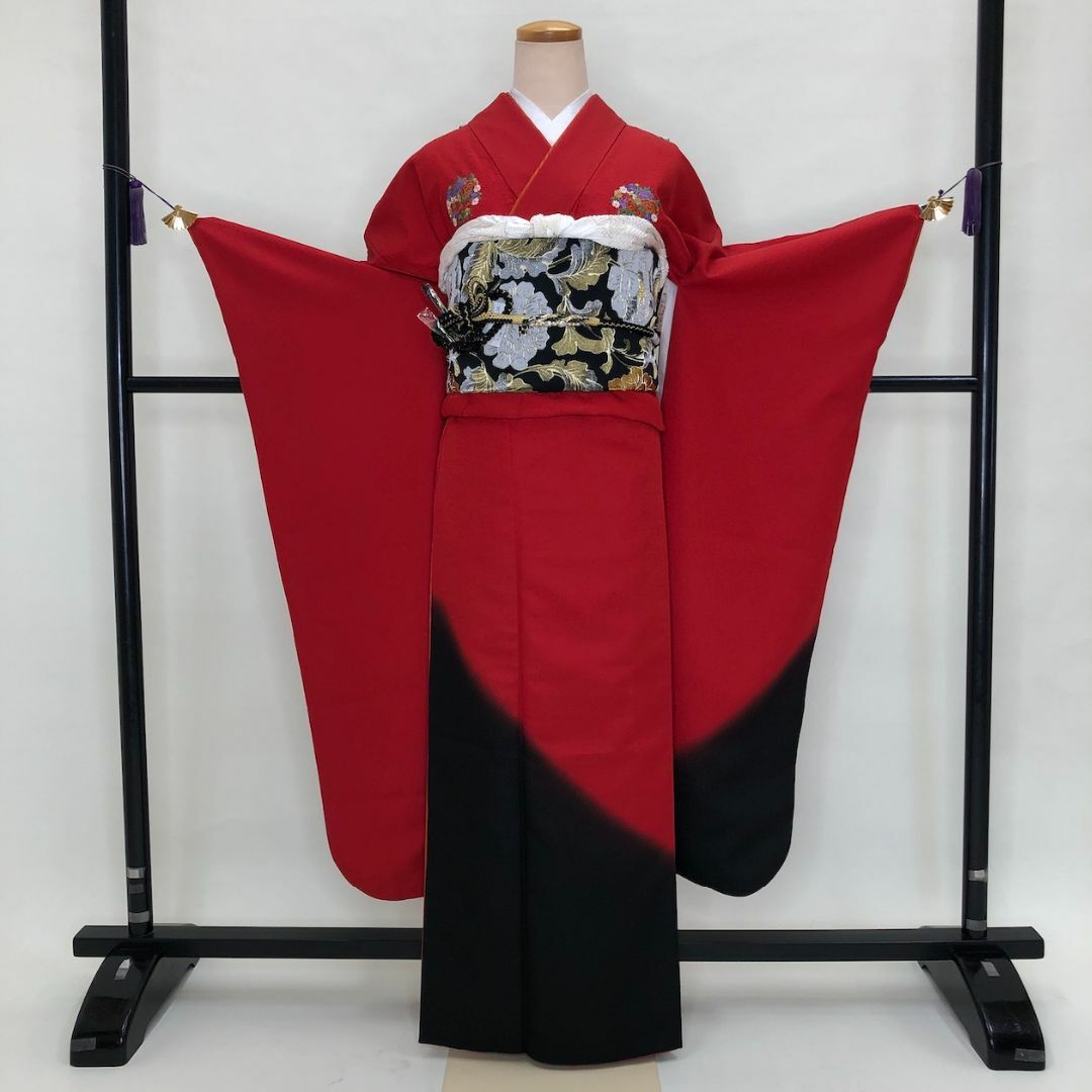 振袖セット 成人式 黒 赤 ポリ 裄67cm 中古 花門 s-111