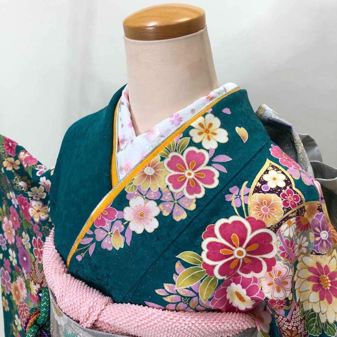 振袖セット 成人式 正絹 緑 花柄 Mサイズ ブルー 裄66cm S-134 - 振袖