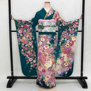 振袖セット 成人式 正絹  緑 花柄 Mサイズ ブルー 裄66cm  S-134(振袖)