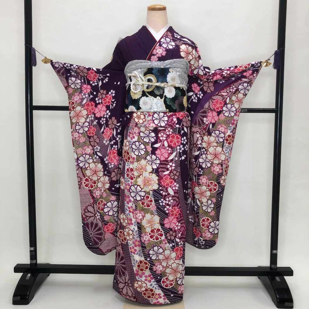 振袖セット 紫 成人式 正絹 帯 帯締め 花柄  裄68.5cm S-135