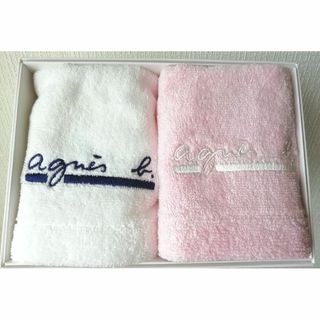 アニエスベー(agnes b.)の【新品、未使用品】アニエスベー　ハンドタオル　ホワイト/ピンク(ハンカチ)