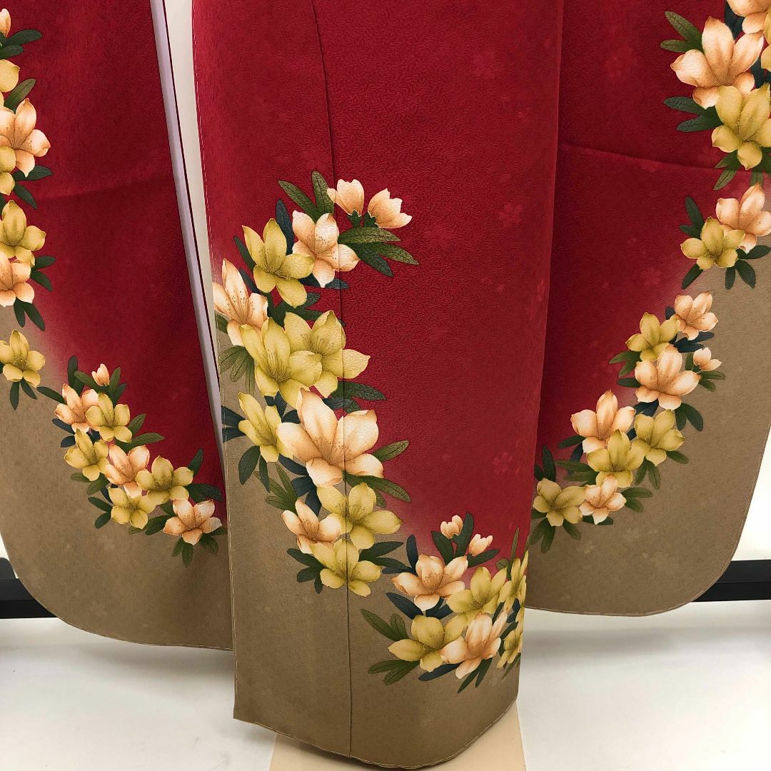 振袖セット 成人式 正絹 赤 辛子色 花柄 帯 帯締 裄68.5cm S-139の通販