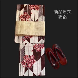 タツムラビジュツオリモノ(TATSUMURA Art textiles)の新品浴衣 人気の綿絽【桜の花と矢羽根】古典 王道★落ち着いたお洒落 大人の浴衣♪(浴衣)