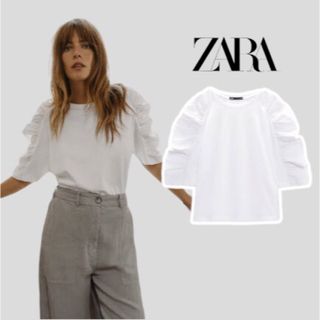 ザラ(ZARA)のZARA シャーリングスリーブTシャツ M パフスリーブ ギャザー袖(Tシャツ(半袖/袖なし))