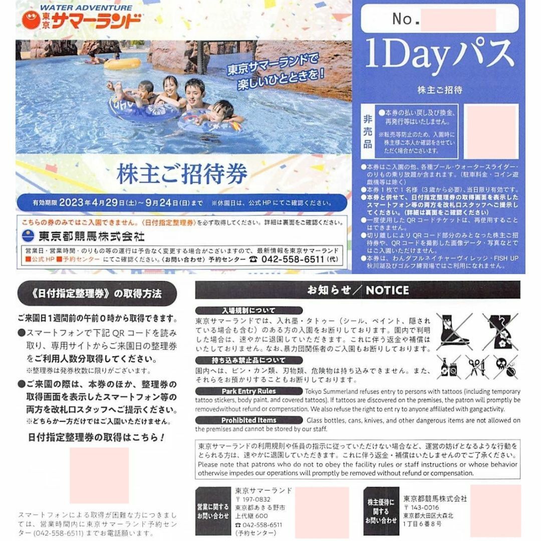 遊園地/テーマパークサマーランド1dayパス5枚