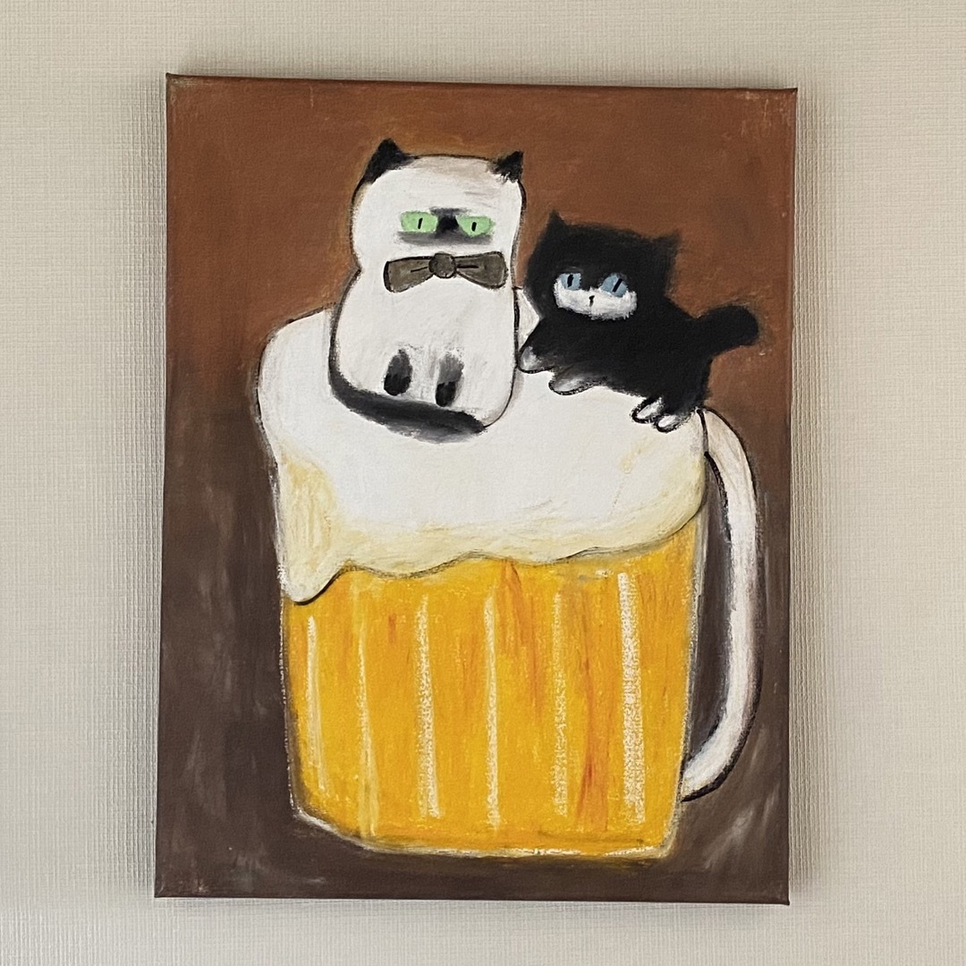 絵画。原画☆キャンバスF6【かわいい猫2匹とビールを飲みます】