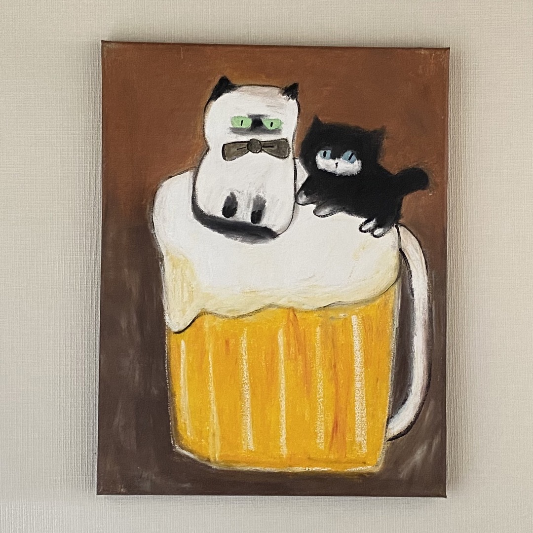 絵画。原画☆キャンバスF6【かわいい猫2匹とビールを飲みます】