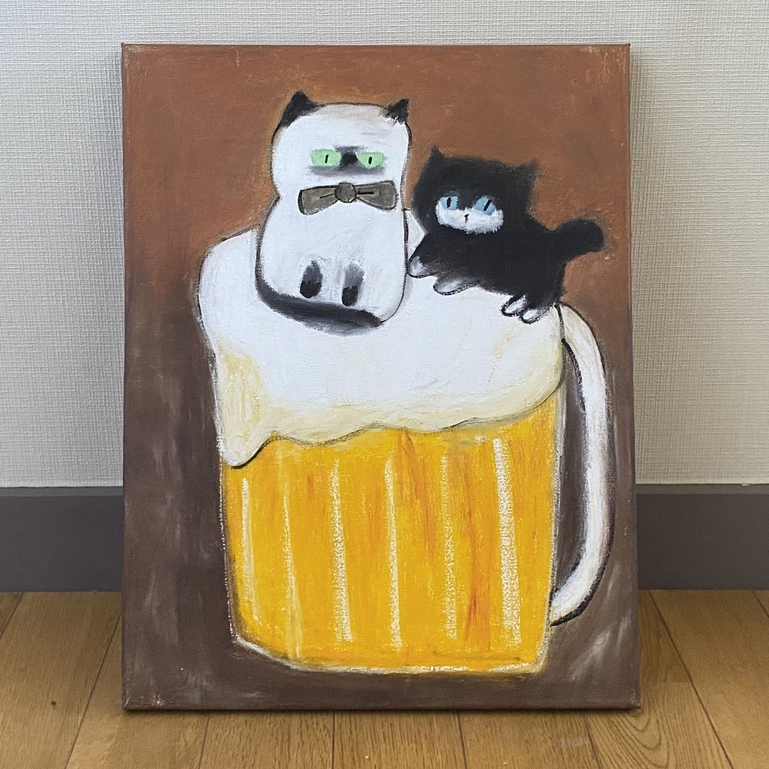 meari絵画。原画☆キャンバスF6【かわいい猫2匹とビールを飲みます】