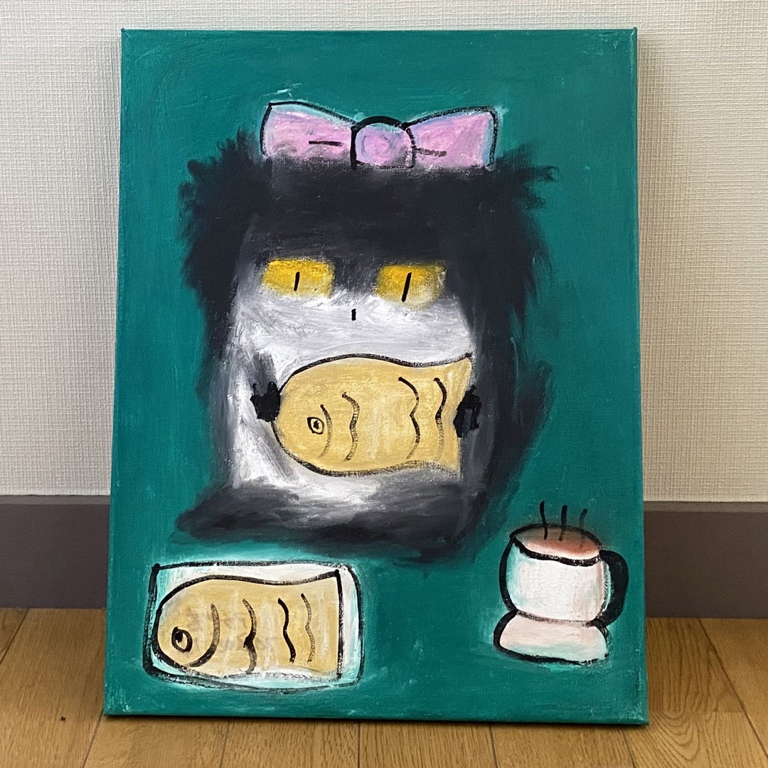 オーダーメイド絵画。原画☆キャンバスF6【鯛焼きとコーヒーが好きな猫ちゃん】