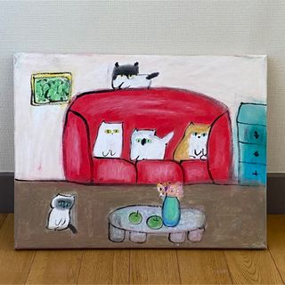 絵画。原画☆キャンバスF10【可愛い猫たちのピアノ演奏会が始まった