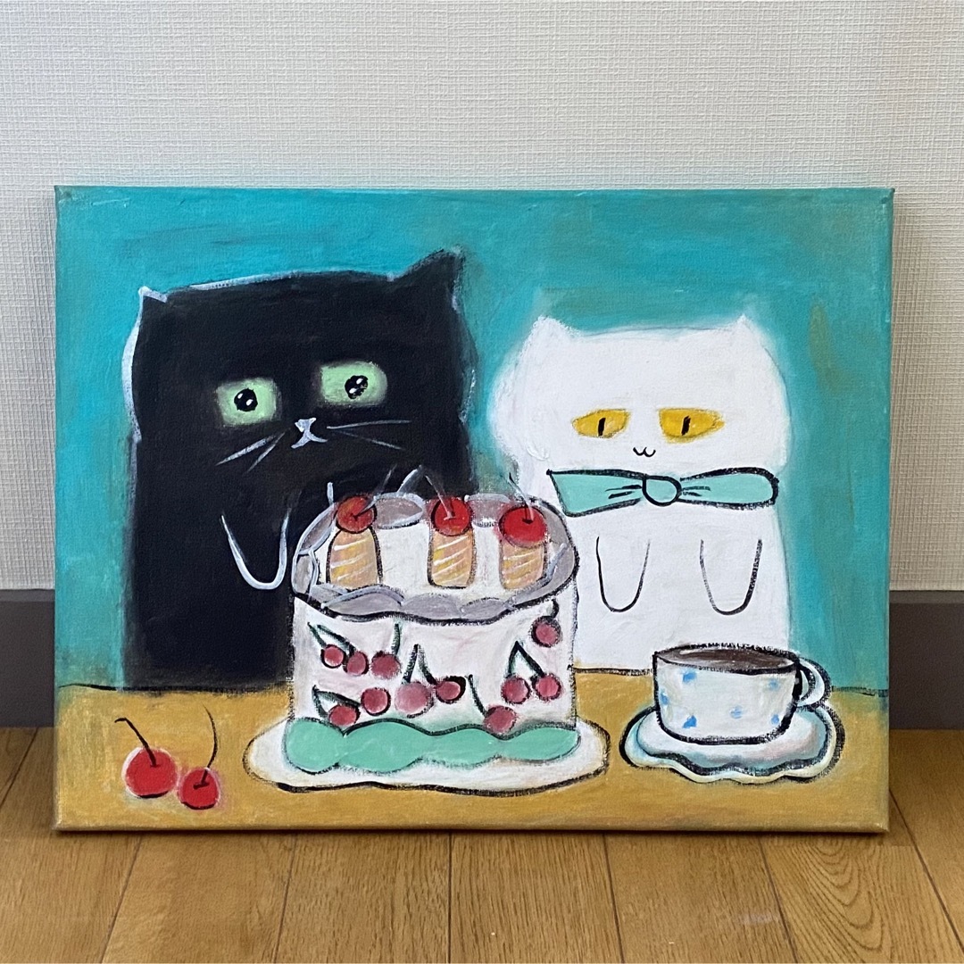 風景画主題動物絵画。原画☆キャンバスF6【黒猫は白猫とデートして美味しいケーキを食べます】