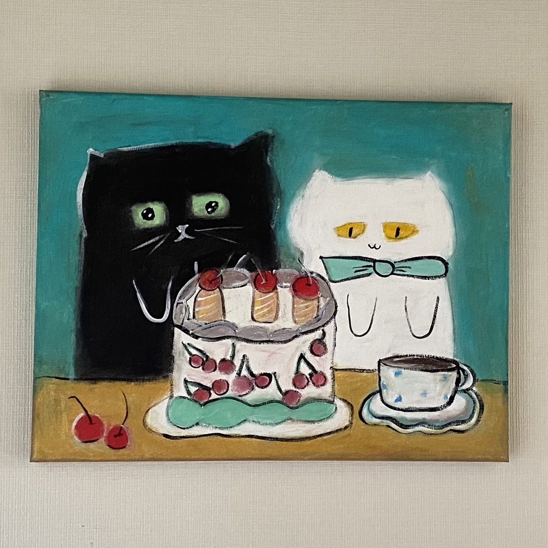 絵画。原画☆キャンバスF6【黒猫は白猫とデートして美味しいケーキを食べます】