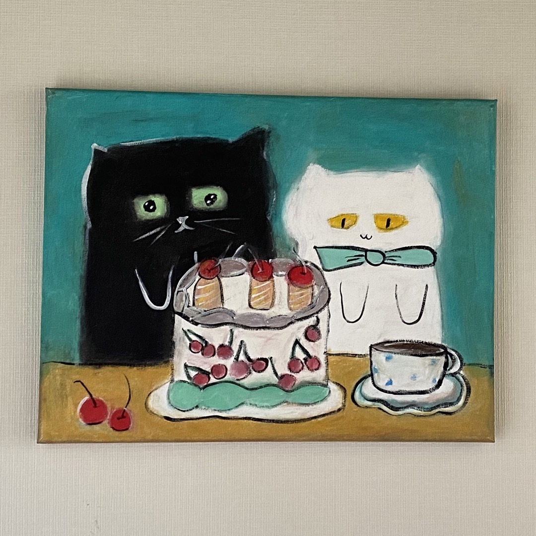 絵画。原画☆キャンバスF6【黒猫は白猫とデートして美味しいケーキを食べます】