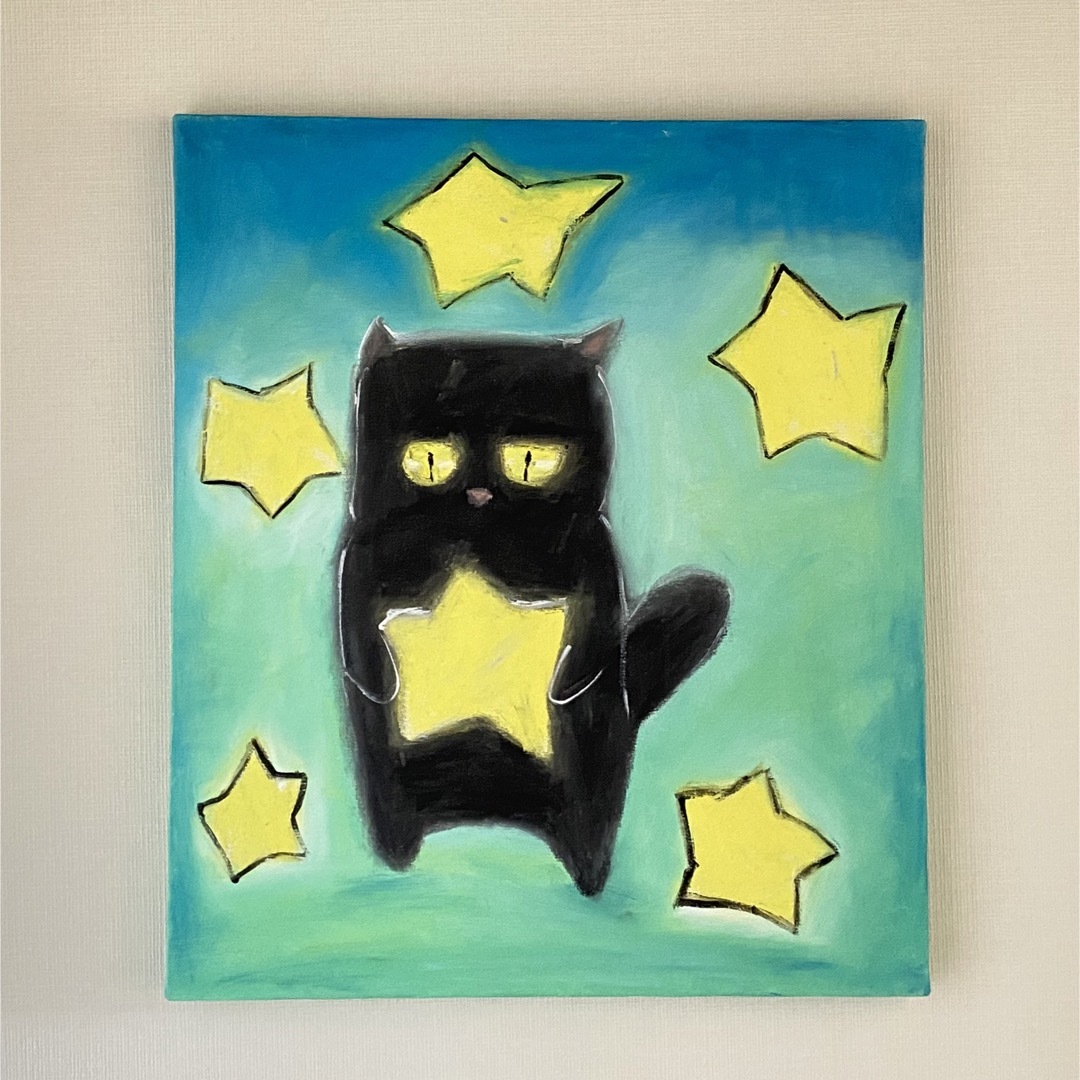 絵画。原画☆キャンバス F10【夜、黒猫が星を抱いて願い事をする】インテリア