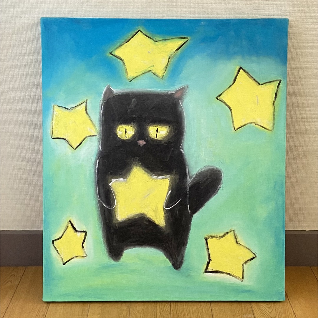 洋画絵画。原画☆キャンバス F10【夜、黒猫が星を抱いて願い事をする】