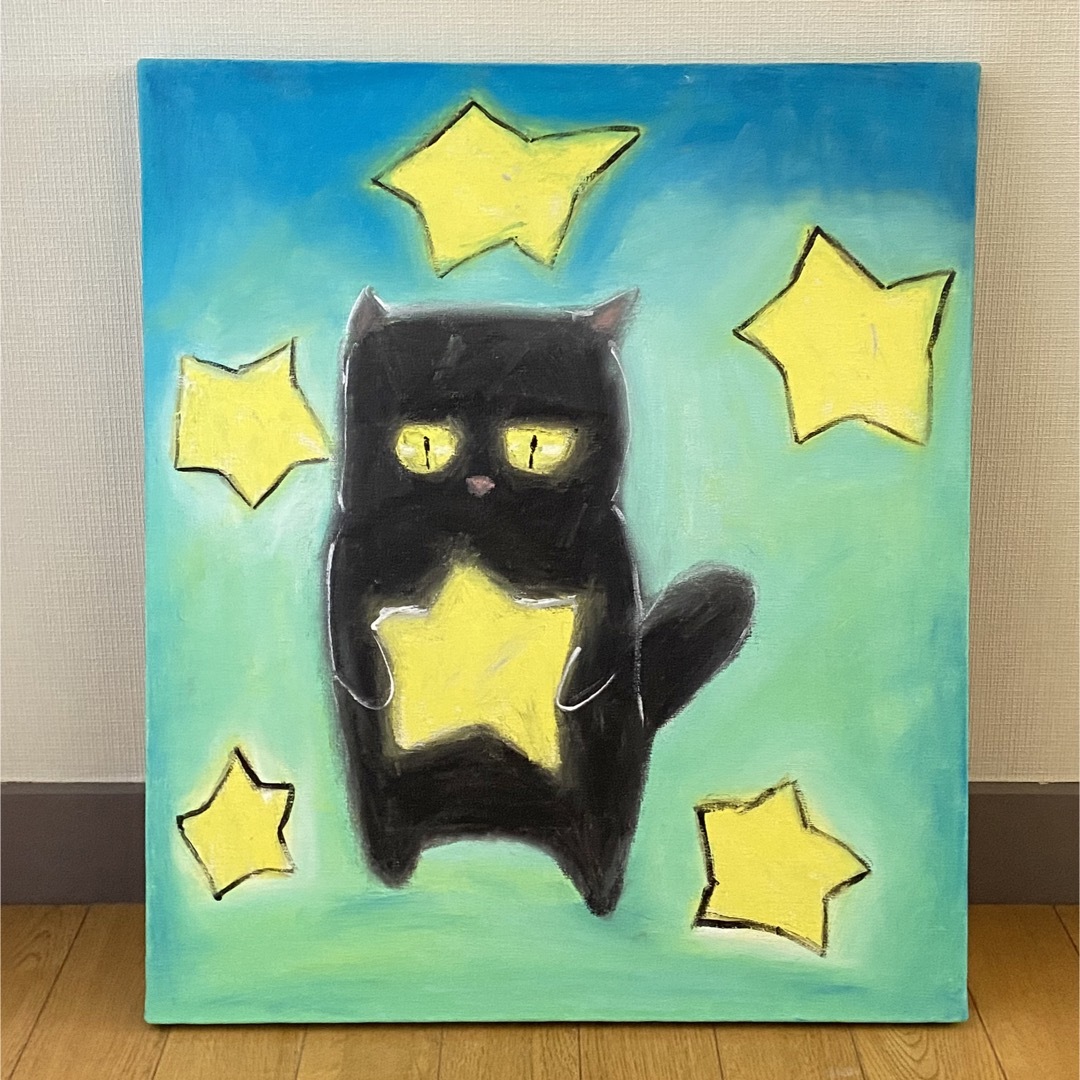 絵画。原画☆キャンバス F10【夜、黒猫が星を抱いて願い事をする】 絵画。原画☆キャンバス F10【夜、黒猫が星を抱いて願い事をする】