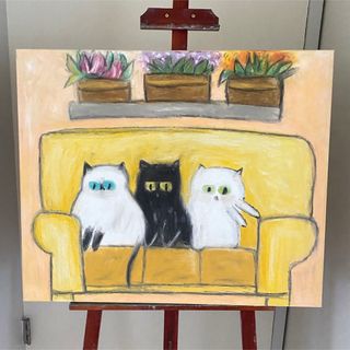 絵画。原画☆キャンバスF20【子猫たちのソファーでの幸せな瞬間に属する】(絵画/タペストリー)