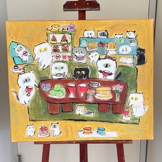 絵画。原画☆キャンバスF20【猫ちゃんたちは楽しくワインパーティーに参加します】(絵画/タペストリー)