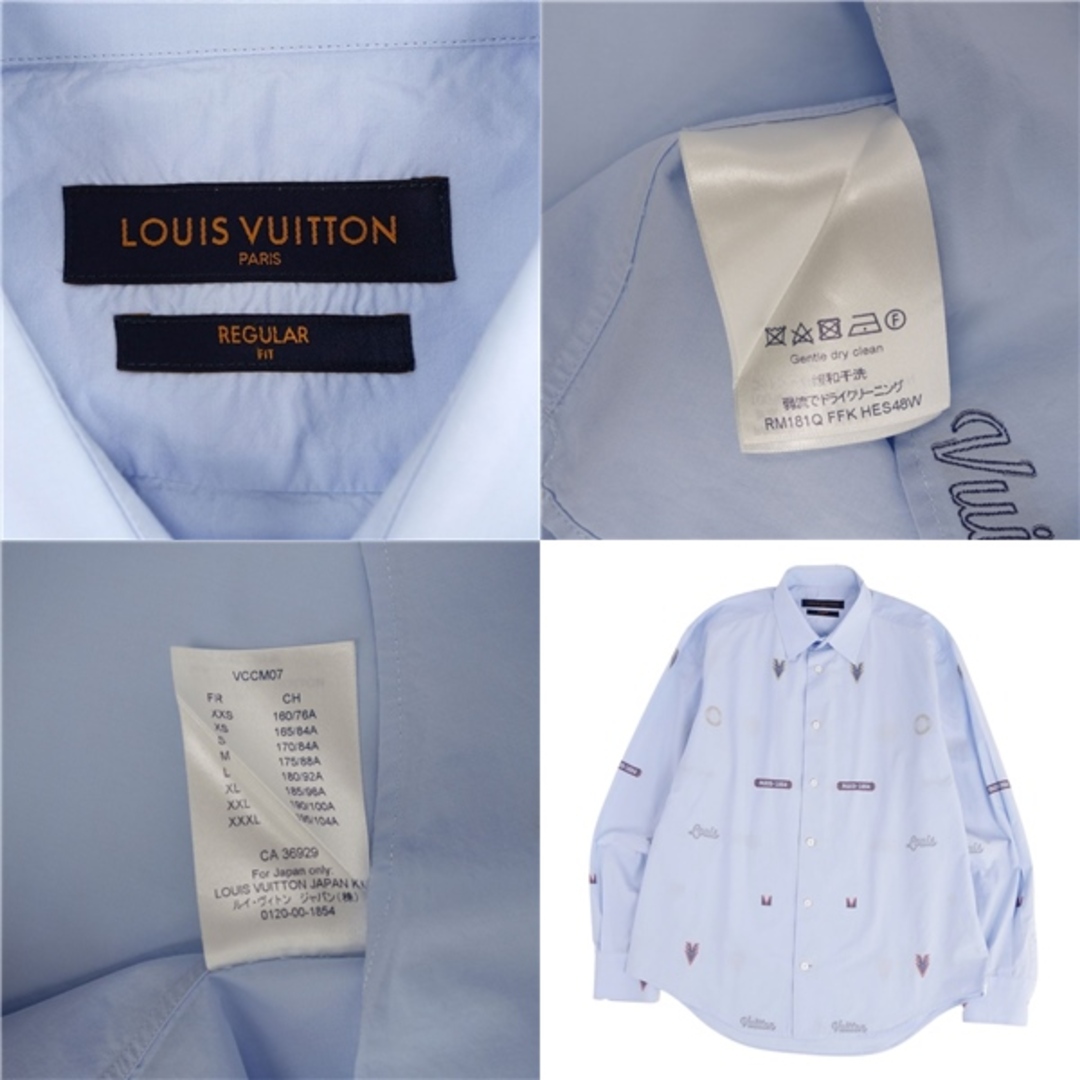 美品 ルイヴィトン LOUIS VUITTON シャツ ロングスリーブ ロゴワッペン柄 総柄 コットン トップス メンズ L ブルー