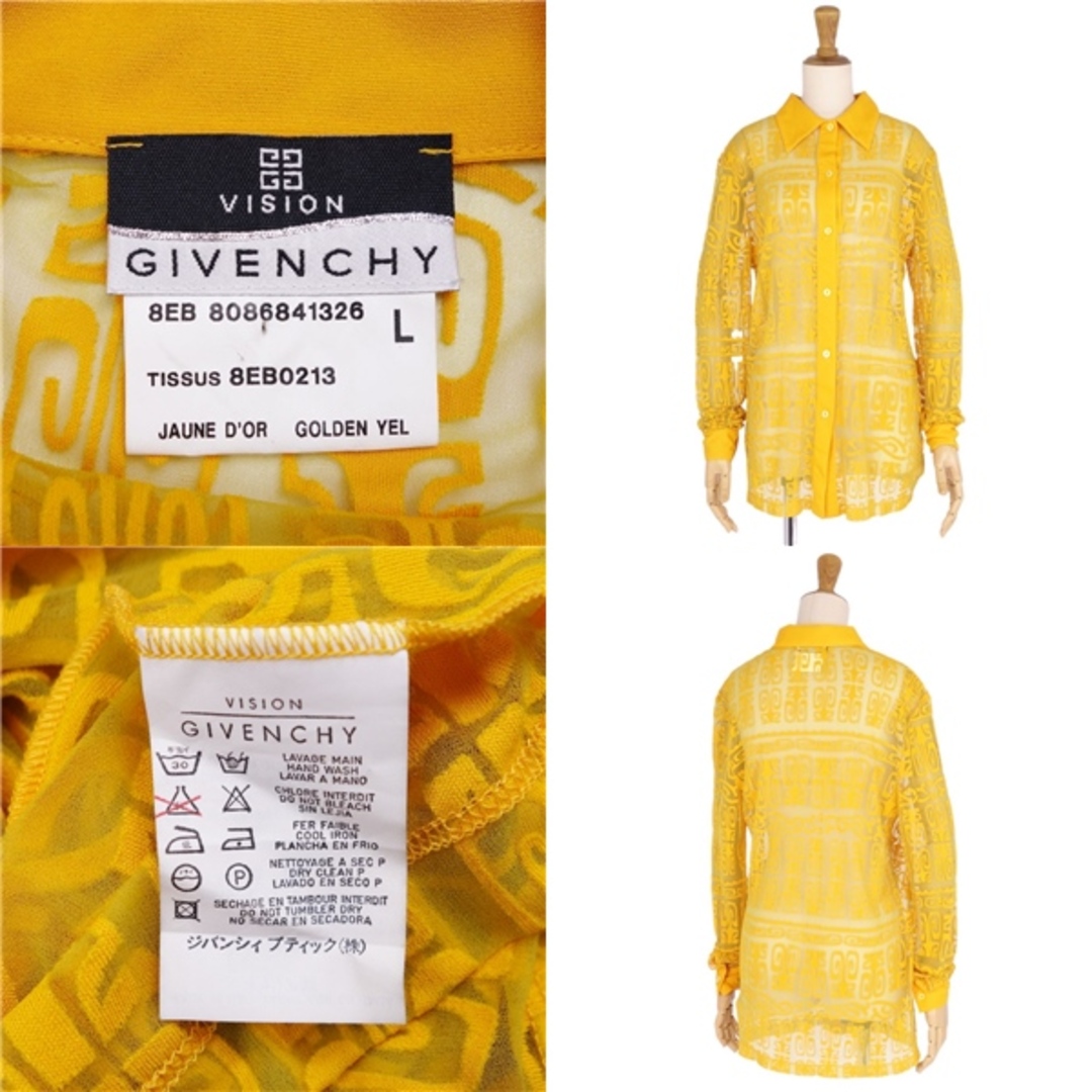 美品 Vintage ジバンシー GIVENCHY VISION シャツ ブラウス ロングスリーブ 総柄 トップス レディース L イエロー